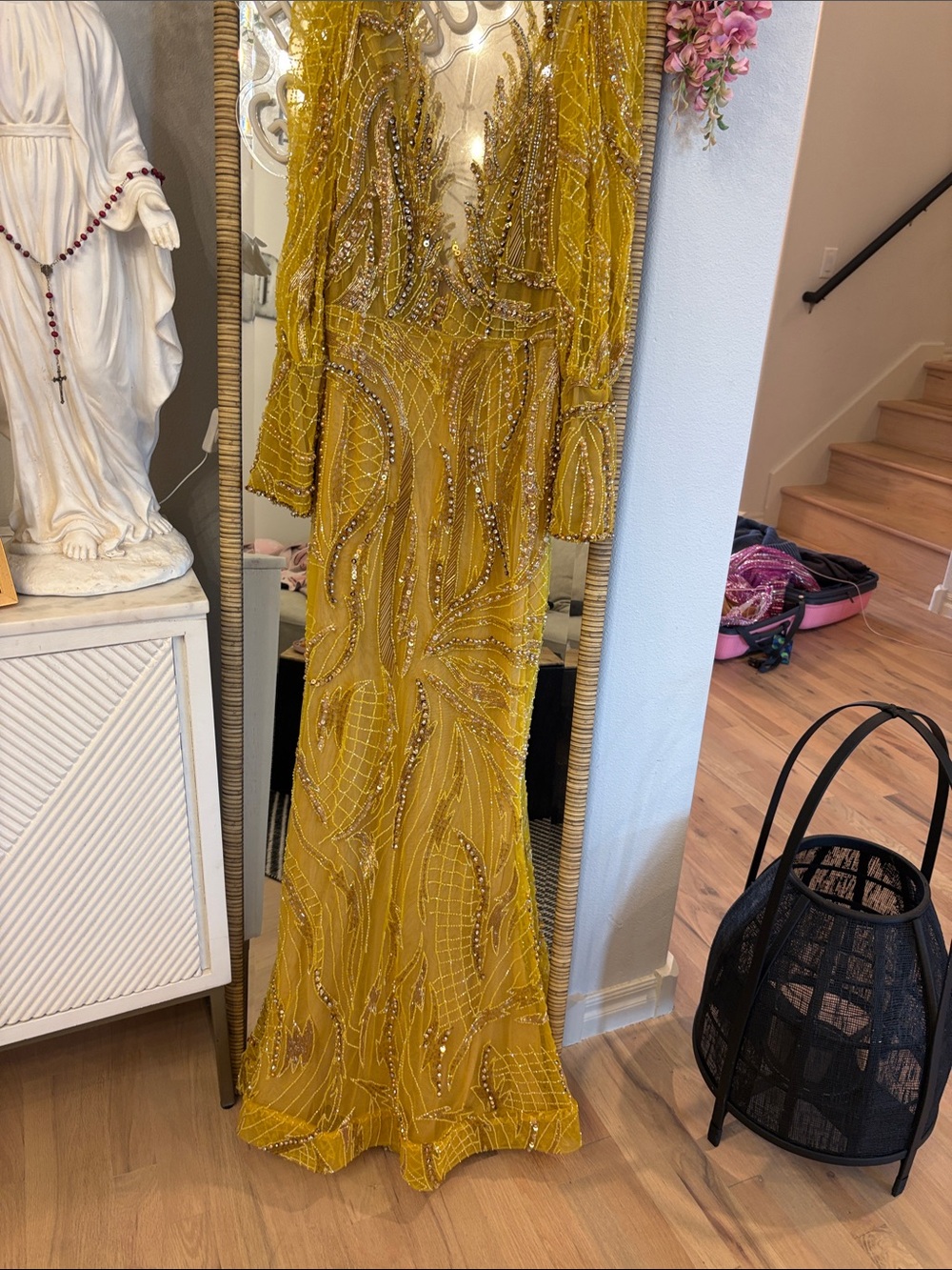 Beaded Mustard Yellow Maxi Evening Dress - Women Dresses - Picture 2 of 11